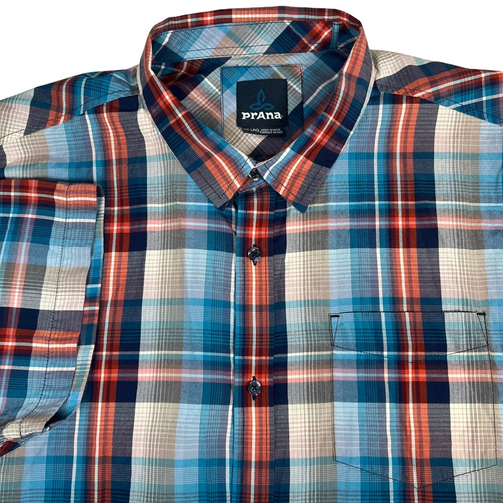 Prana Button Down Shirt Mens XXL Blue Orange Plaid Short Sleeve Casual Hiking